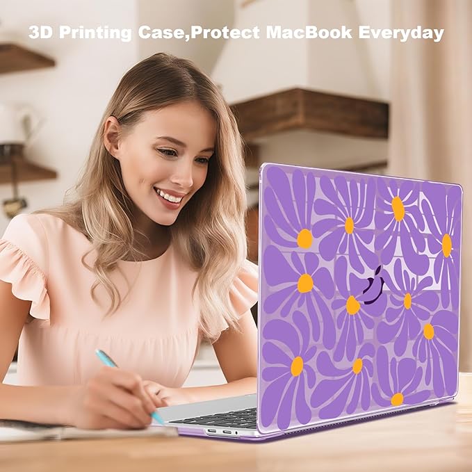 Teryeefi for MacBook Pro 13 inch Case A2338 M2 M1 Chip A2251 A2289 A2159 A1989 A1706 (2025 2024 2023 2022-2016), Hard Shell with Keyboard Cover & Type C Adapter - Abstract Purple Flower 134