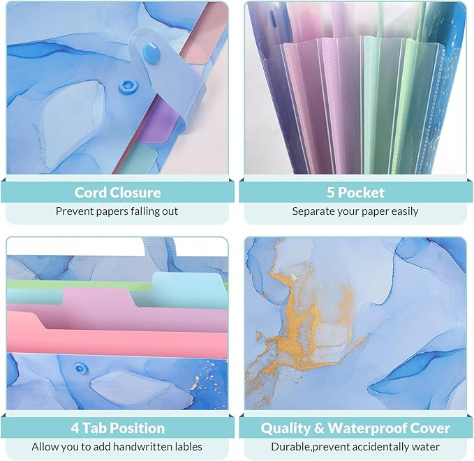 SKYDUE 5 Pockets Expanding File Folder, File Folders, Cute Accordion File Organizer with Labels (1 Pack, Blue)