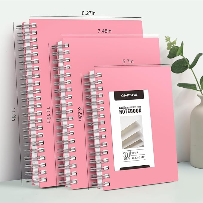 AHGXG Bullet Dotted Journal Spiral Notebook - 300 Pages Dot Grid Notebook B5 Thick Journal, 100GSM Thick Dotted Paper, Plastic Hardcover, with Journal Stencils, 7.3"X 10" - Pink