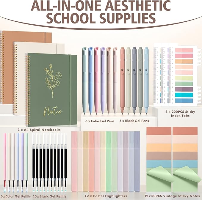 58PCS Aesthetic School Supplies, Cute College Ruled A4 Spiral Notebook Stationary Set Back to School Supplies Bible Study Kit Office College Essentials with Pastel Highlighters for Women Student Girls