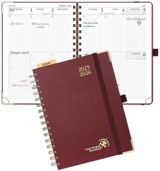POPRUN Academic Planner 2025-2026 (July 2025-June 2026), Daily Weekly and Monthly Appointment Book (Wirebound Hard Cover - 6.25'' x 8.5'') with Hourly Time Slots, Tabs, 100 GSM - Burgundy