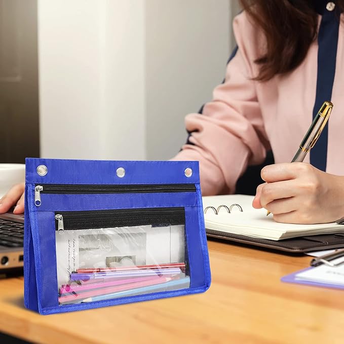YoeeJob 1 Pack Pencil Pouch for 3 Ring Binder, Expandable Binder Pouches with Zipper, Large Capacity Pen Holder Case with Clear Window School Class Office Organizers, Blue