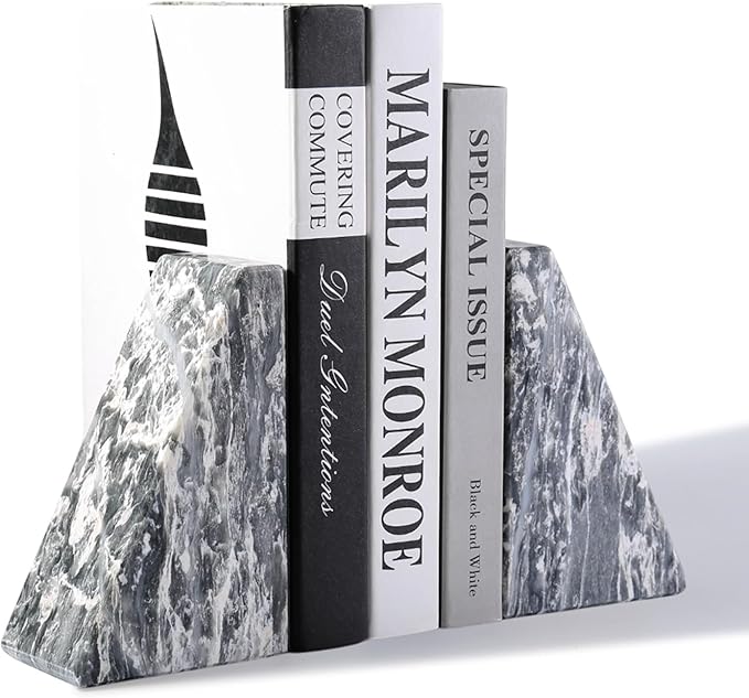 Koville Marble Bookends for Shelves, Large Bookends for Heavy Books, Natural Stone Book Stopper for Books CD Movies, Aesthetic Decorative Book Ends (Grey)