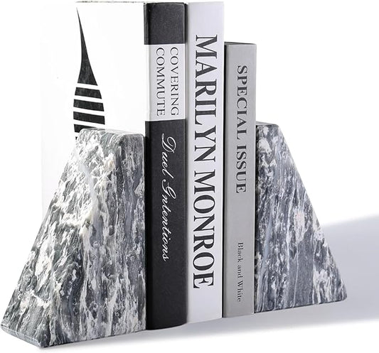 Koville Marble Bookends for Shelves, Large Bookends for Heavy Books, Natural Stone Book Stopper for Books CD Movies, Aesthetic Decorative Book Ends (Grey)