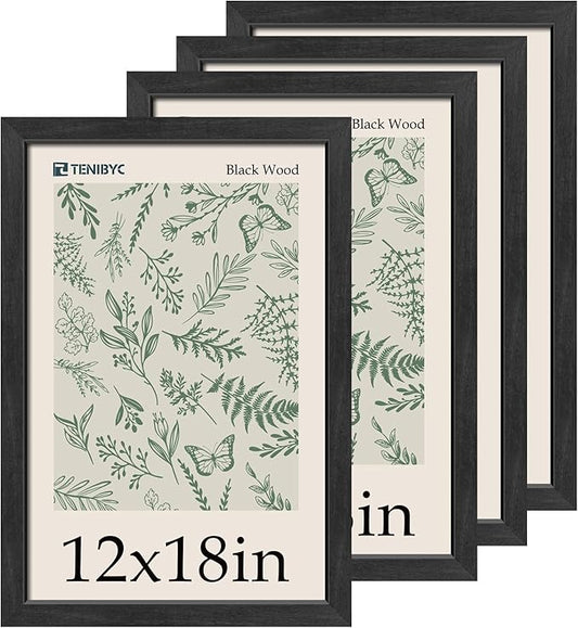 12x18 Frame Set of 4, Textured Black Wood & HD Tempered Glass, 12x18 Poster Picture Frame, Vertical & Horizontal Wall Hanging