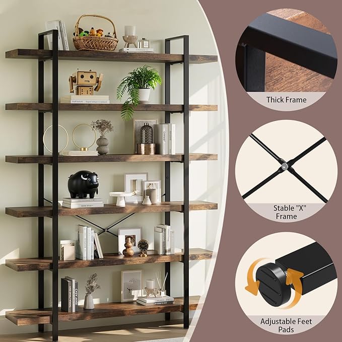 6 Tier Bookcase, 47 Inch Wide Wood Bookshelf, 120lbs Shelf Capacity, Rustic Open Shelving Industrial Display with Reinforced Horizontal Brown Shelves for Living Room Bedroom Office 2 Set