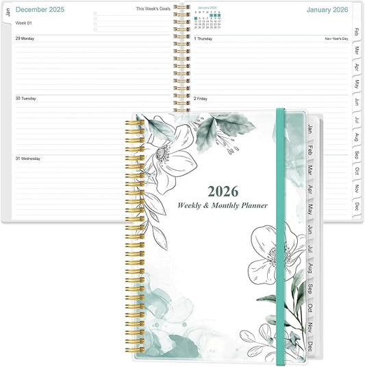 2026 Planner - Planner 2026 from January 2026 to December 2026 with 12 Monthly Tabs, Flexible Cover, Inner Pocket, 8.5" x 11", Teal Flowers