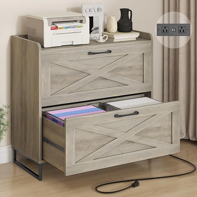 File Cabinet 2 Drawers, Lateral File Cabinet with Charging Station for Letter/Legal/A4 Size Hanging Files, Large Wood File Storage Cabinets Printer Stand for Home Office, Washed Gray