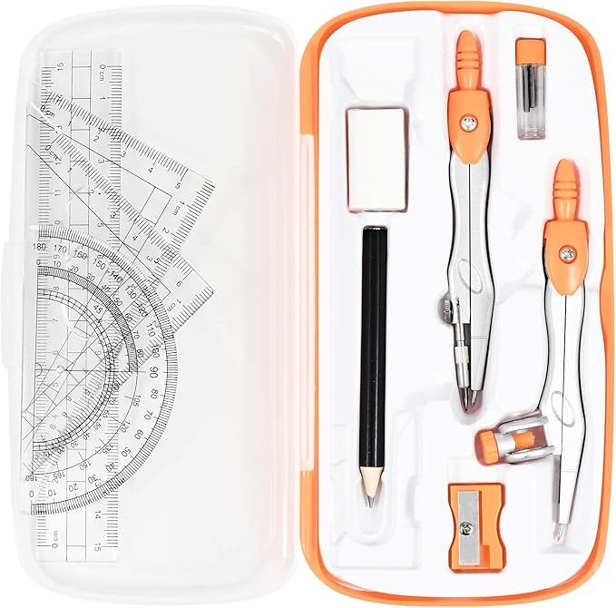 Math Geometry Kit Sets 10 Piece Student Supplies with Shatterproof Storage Box,Includes Rulers,Protractor,Compass,Eraser,Pencil Sharpener,Lead Refills,Pencil,for Drafting（Orange）