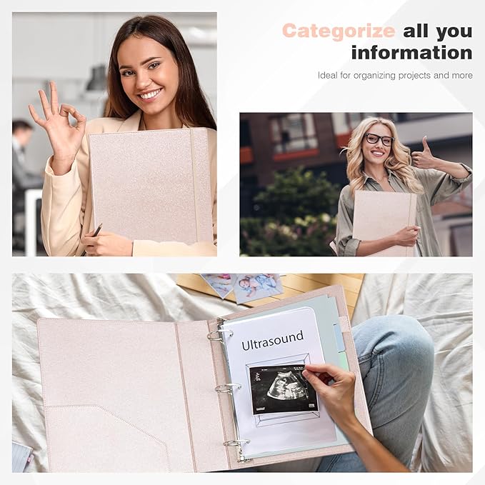 Ospelelf 3 Ring Binder with Clipboard 2 Inch Leather Binder for Letter Size (8.5" x 11"), Clipboard Binder with 5 Tab Dividers Back to School Supply, Rose Gold