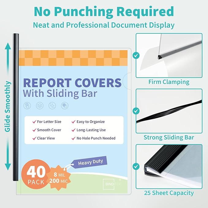 Binditek 40 Pack Heavyduty Clear Report Covers with Sliding Bars, 25 Sheet Capacity, 5mm Sliding Bar File Folder Binder, Letter Size, 8 Mil Thick, Black, for Students and Coworkers