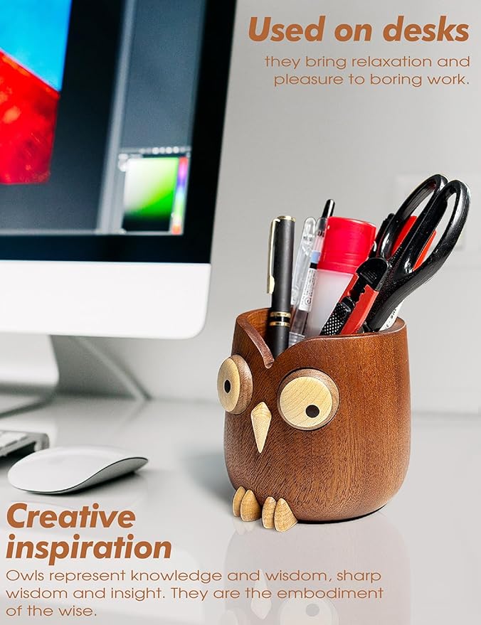 Cute owl pen holder Desk Organizer Decoration Pencil Holder Stand pen holder for desk Magnetic rotating eyes Ebony whole wood carving for office school Home office accessories gifts (dark brown)
