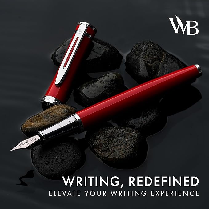 Wordsworth & Black Fountain Pen Set, Medium Nib, Includes 24 Pack Ink Cartridges, Ink Refill Converter & Gift Pouch, Chrome Finish, Calligraphy, [Crimson Red], Perfect for Men & Women