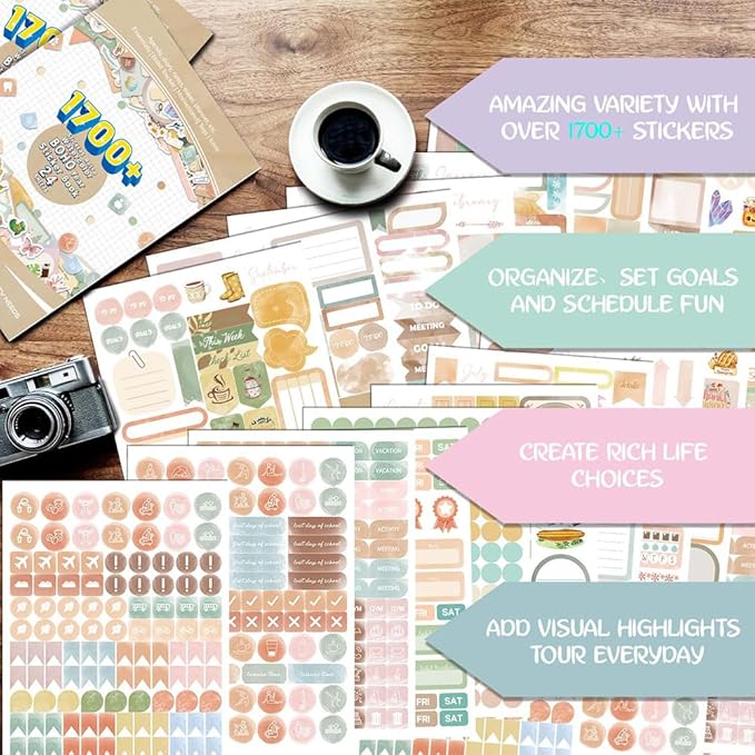 1700+ Planner Stickers Book, 24 Sheets Waterproof Repositionable Stickers for Journal, Bullet Planner, Scrapbook & Calendar, Functional Decorative Sticker Set & Gift (Retro Boho)