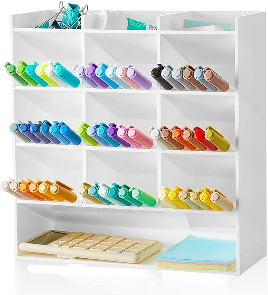 Acrylic Pen Organizer Storage for 150 Markers Vertical Marker Organizer Acrylic Pen Display Holder for Office Desk Desktop Stationery Pencil Storage, White, 10.2 x 4 x 9.8 Inch