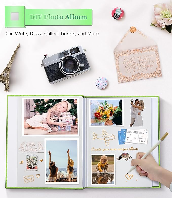 Photo Album Self Adhesive Scrapbook Album for 3x5 4x6 5x7 8x10 Pictures,60 Pages Linen Cover with Display Window DIY Photo Book,Ideal Gifts for Family Travel Wedding Baby