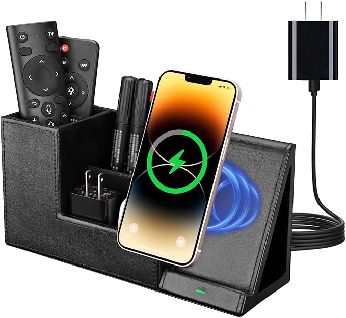 Wireless Charger with Desk Organizer, Fast Charging Station for iPhone 15 14 13 12 11 Pro Max/Samsung Galaxy S23/S22/S21/S20/Z Flip/Fold 5, Desk Phone Charger Stand Office Desktop Organizer Leather