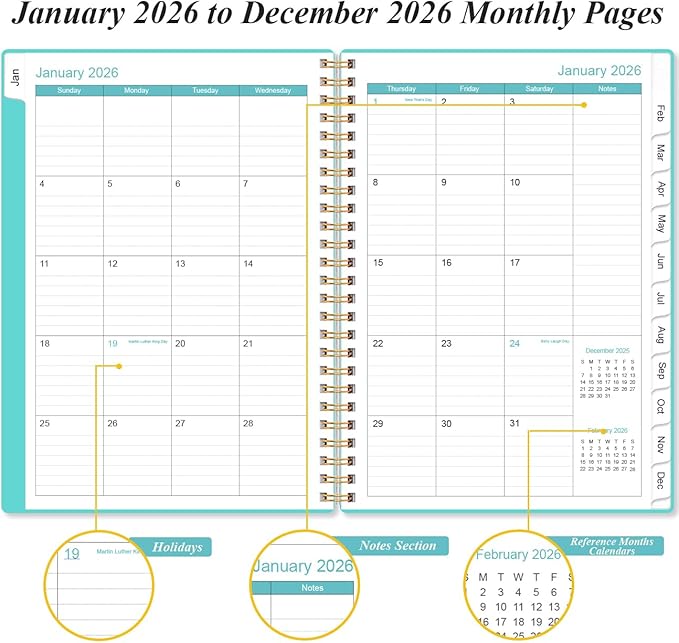 2026 Planner - Weekly and Monthly Calendar Planner from Jan 2026 - Dec 2026, Planner 2026 Spiral Bound with 12 Monthly Tabs, Inner Pocket, Perfect for School Office Supplies, 6.4" x 8.5", Teal