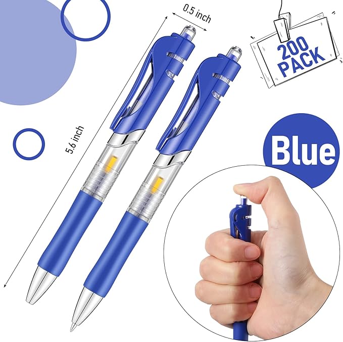 Spakon 200 Pieces Gel Pens Bulk Retractable Ink Ballpoint Pen Bulk Rolling Ball Medium Point 0.5mm Ballpoints with Soft Grip for Journal Writing Office Home(Blue)