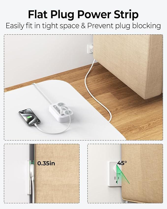 ORICO Surge Protector Power Strip, Multiple Outlets Extension Cord with 6 AC Outlets 2 USB-A and 2 USB-C Ports, 5 ft Flat Plug Power Strip, Mountable Outlet Extender for Dorm/Office/Home- OG