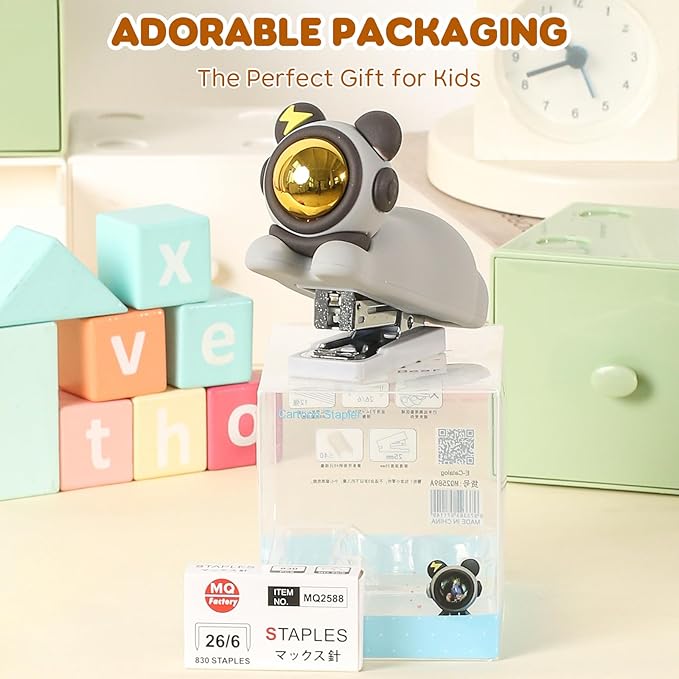 Honagu Cute Stapler, Cartoon Stereoscopic Silicone Stapler, Labor-Saving Office Supplies, Desktop Stationery Gift for Students Kids (Grey)