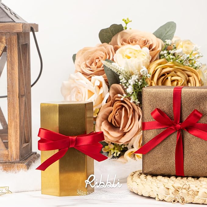 Ribbli Double Faced Red Satin Ribbon,3/8” x Continuous 25 Yards,Use for Bows Bouquet,Gift Wrapping,Floral Arrangement