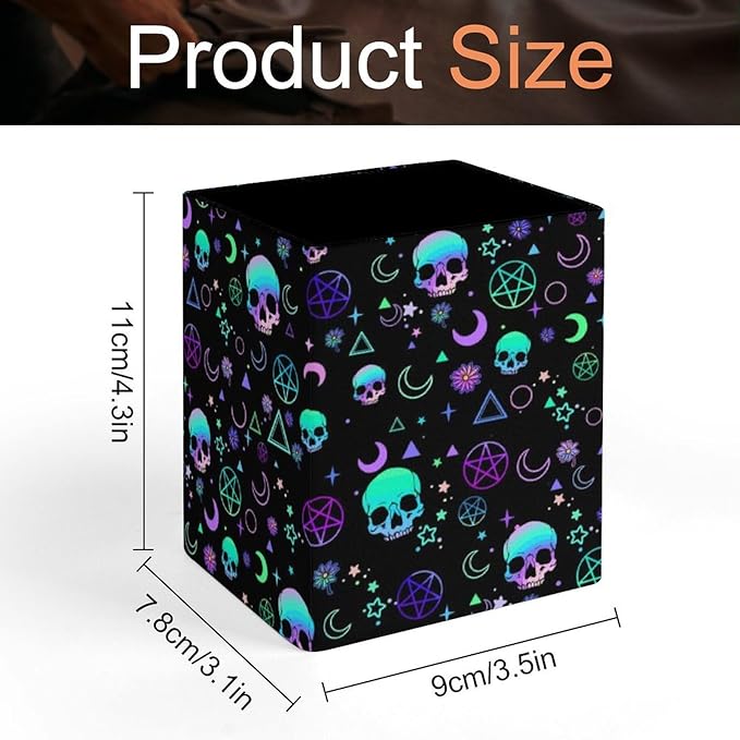 Square Pen Holder & Pencil Organizer for Desk - Office Storage Organizer, Markers/Makeup Brushes/Scissors Holder, Compact Desk Decor Accessories for Home Classroom School(Skull)