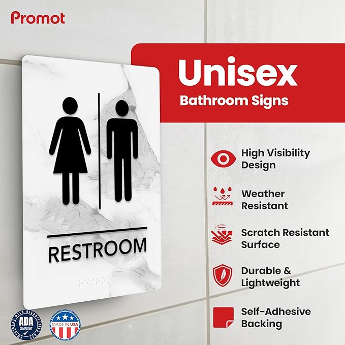 Promot Unisex Bathroom Sign – ADA Braille Restroom Sign for Business, Self-Adhesive, 9" x 6", Commercial Door Signage, Office Wall Decor - Marble Quartz
