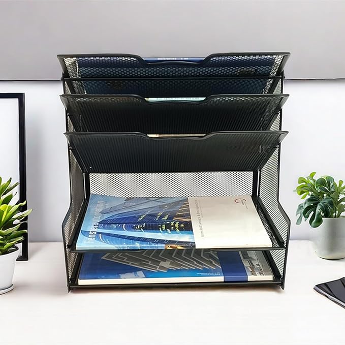 5 Tier Metal Mesh Desk Organizer, Office Desktop File Organizer, Paper Tray Organizer for Home Office Furniture, Black