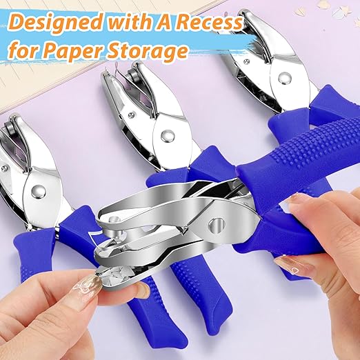 4 Packs Shape Hole Punch Set - 1/4" Circle, Heart, Star, Triangle Puncher with Soft Grip for Binder, Scrapbooking, Cards | Paper Craft Tools with Storage Slot & Reinforcement Stickers (Blue)