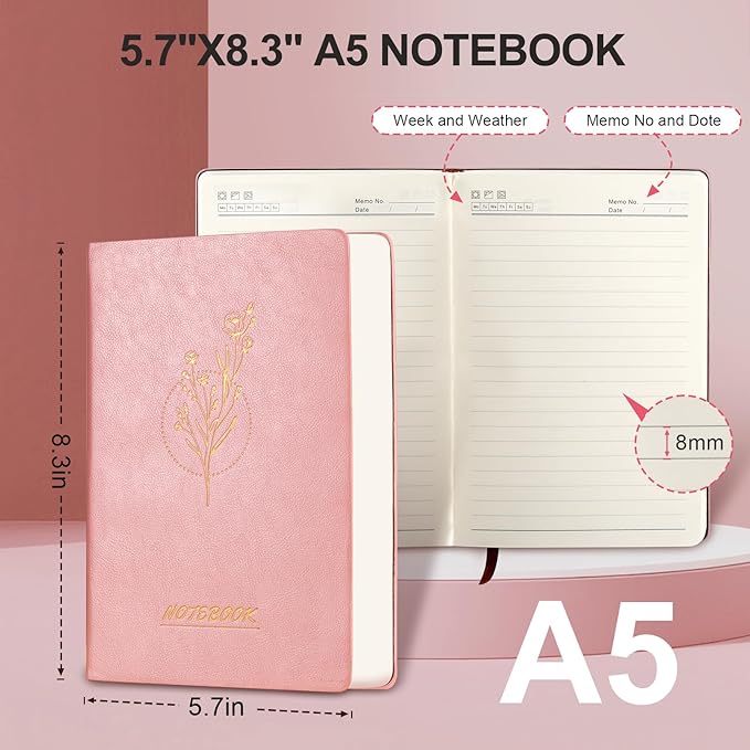 Aesthetic Lined Journal Notebook for Women,300 Pages Softcover Leather Lined Journal Notebook,300 Pages Daily Journal, College Ruled Notebook for Work School, Note Taking 5.75'' X 8.38'' Pink