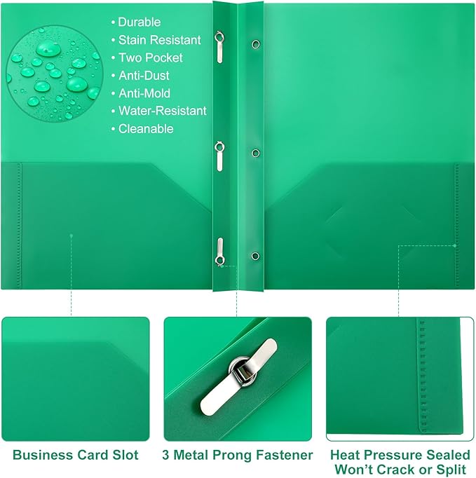 Patelai 48 Pcs Plastic Folders with 2 Pockets and 3 Prongs Home Folders with Card Slot Letter Size Heavy Duty Report Covers for Back to School(Green,Classic)