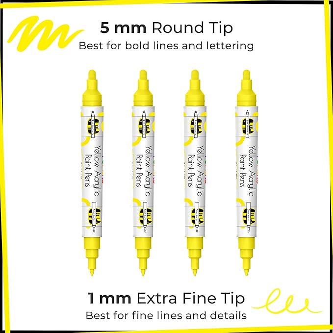 4 Dual Tip Yellow Paint Pen Metallic - Fine Tip & Medium Acrylic Paint Markers - Yellow Marker for Metal, Wood, Rock Painting, Canvas, Ceramic, Glass, Fabric, Leaf and Plastic - Water-based Ink