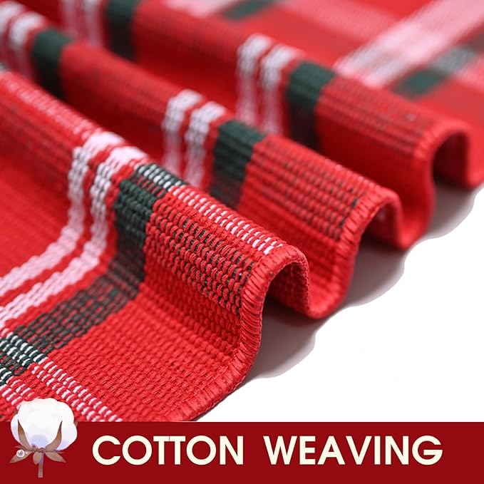 Christmas Red Green White Plaid Rug, 4' x 6' Cotton Hand-Woven Buffalo Check Layered Door Mat for Front Porch, Entryway, Outdoor Holiday Decor, Washable Farmhouse Rug for Home, Patio, Kitchen