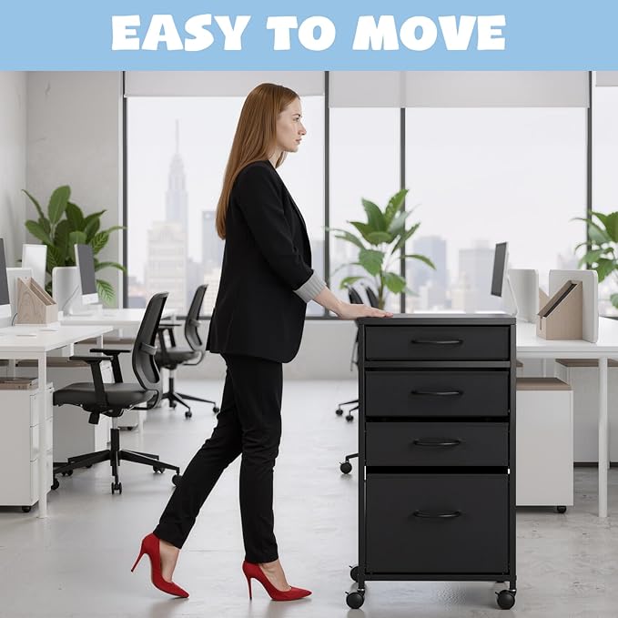 Chunful 4 Drawer Rolling File Cabinet Mobile Printer Stand Metal Cart with Fabric Vertical Filing Chest Wheels A4 Letter Size Under Desk Utility Craft Storage Organizer for Home Office (Black)