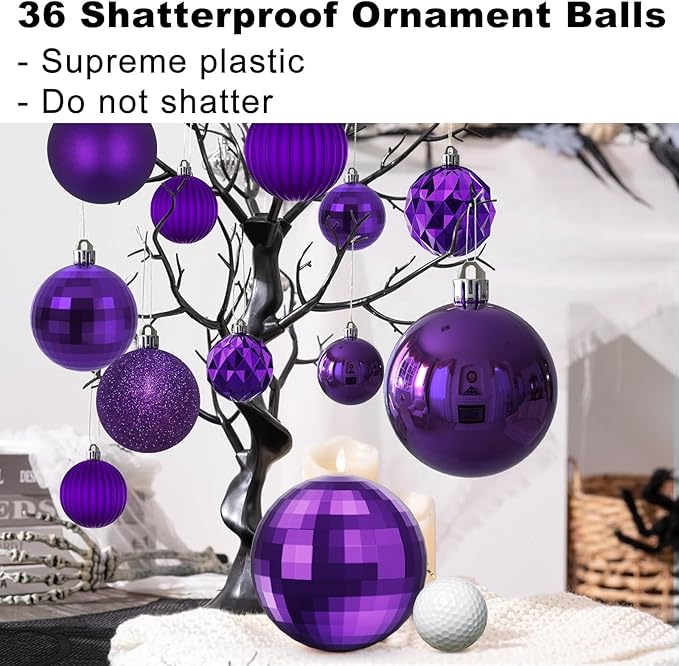 Purple Christmas Ornaments - Christmas Tree Decorations Shatterproof Hanging Balls for Birthday Wedding Holiday Decor Set of 36pcs, Multi-Sizes(1.6",2.5",3.2")