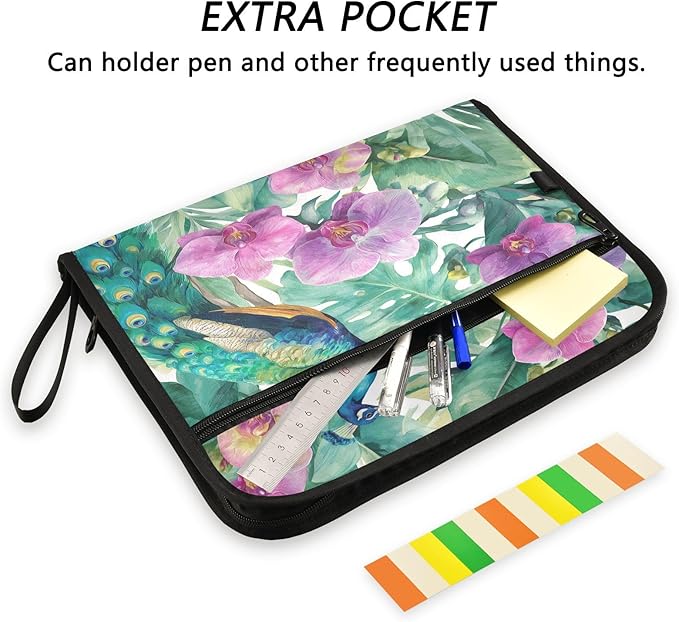Peacocks and Purple Flowers Expanding File Organizer with 13 Pockets Accordion File Folders with Labels,Portable Document Paper Bill Receipt Organizer,Home College School Office Supplies, Lette