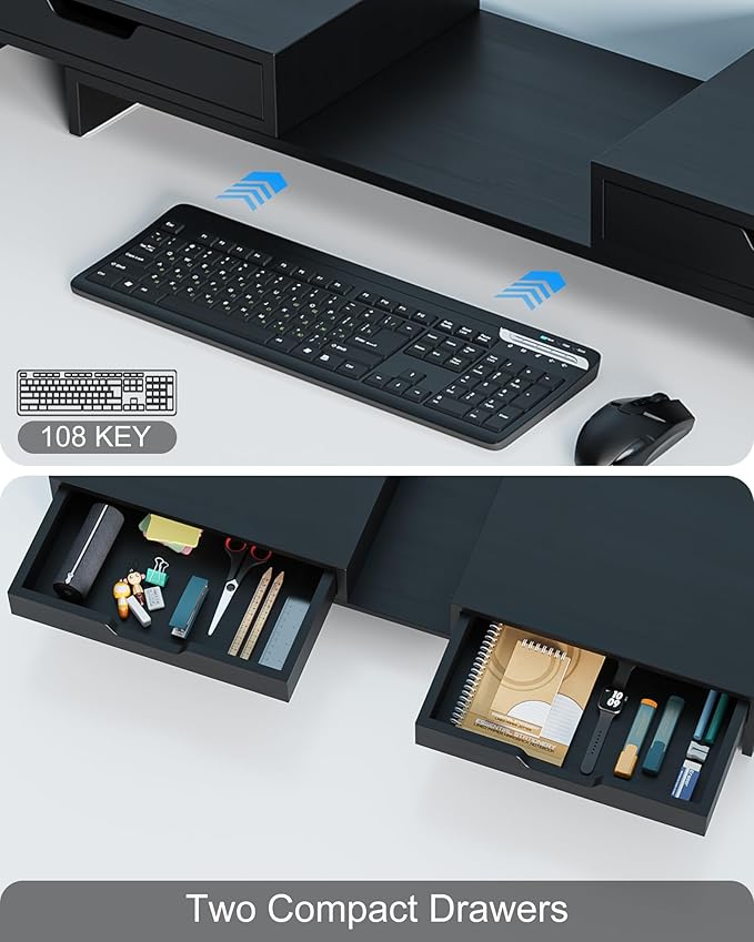 Dual Monitor Riser with Two Drawers for Desk, Bamboo Monitor Stand Riser with Storage, Desk Shelf for Computer, IMac & Laptop, No Assembly Required, Black