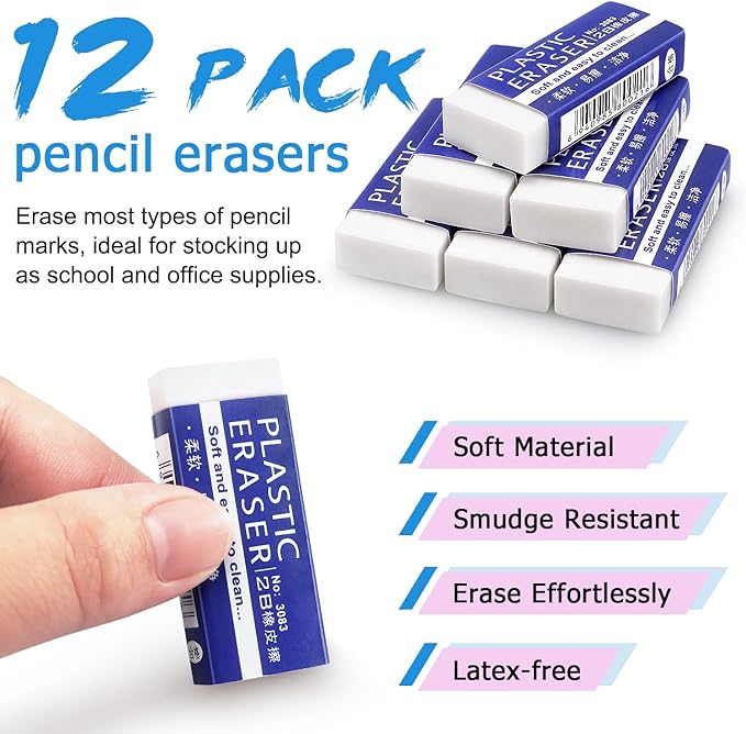 Tamaki 12 Pack Erasers, Large White Eraser for School Office, Art Erasers for Drawing