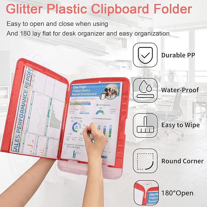 Glitter Clipboard with Storage,Storage Clipboard with Pen Holder,A4 Binder Clip Boards 8.5x11 with Low Profile Clip,Side Opening Sparkle Clipboards,Clipboards Folder for Office Supplies-Grapefruit Red
