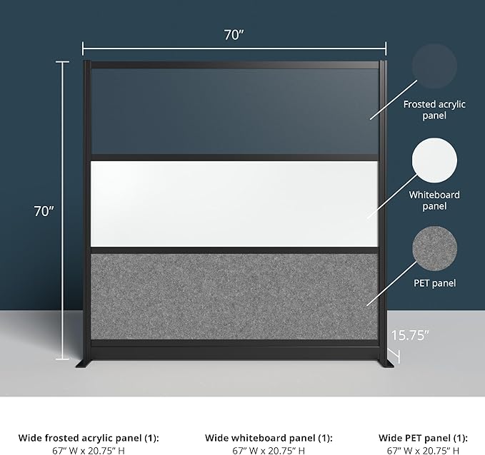 Stand Up Desk Store Workflow Modular Wall | 70'' x 70'' Wall | Expandable Partition Room Divider with Rearrangeable Frosted Acrylic, Sound Absorbent and Whiteboard Wide Panels (Black Frame)