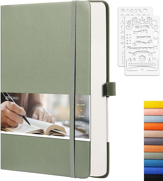 EMSHOI Dotted Notebook - 256 Pages A5 Dotted Grid Journal Notebook,120gsm Thick Paper,16 Perforated Pages, Smooth PU Leather, Inner Pocket,5.75'' × 8.38''-Green