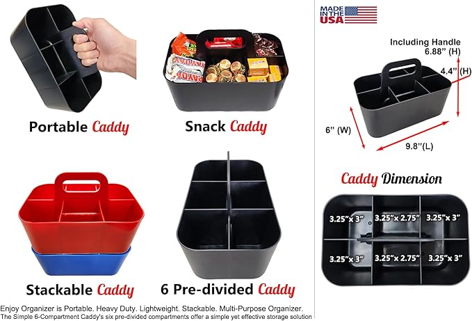 2 Pack Small 6 Compartment Multiuse Caddy Organizer with Handle Art Craft Supplies, Office, Desk, Stationery Pen Holder Stackable- Made In USA (Red/Blue)