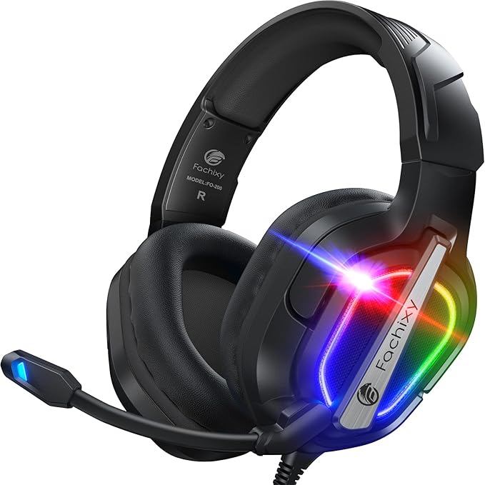 Fachixy FC200 PC Gaming Headset for PS4, PS5, Switch, Xbox One, Mac, Noise Canceling Headphones with Microphone, Computer Headset with 3.5mm Jack & RGB Light