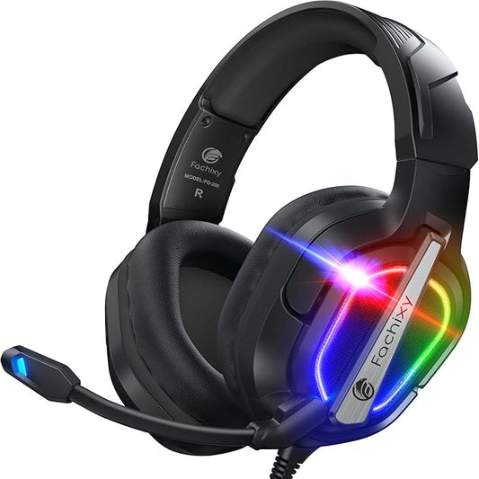 Fachixy FC200 PC Gaming Headset for PS4, PS5, Switch, Xbox One, Mac, Noise Canceling Headphones with Microphone, Computer Headset with 3.5mm Jack & RGB Light