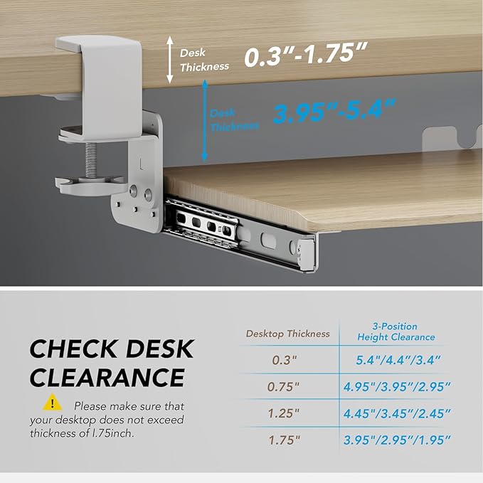 Keyboard Tray Under Desk Pull Out with Extra Sturdy C Clamp Mount System, 27.3 (32.5 inch Including Clamps) x 11 Inch Slide-Out Platform Computer Drawer for Typing Grain AX01WG01