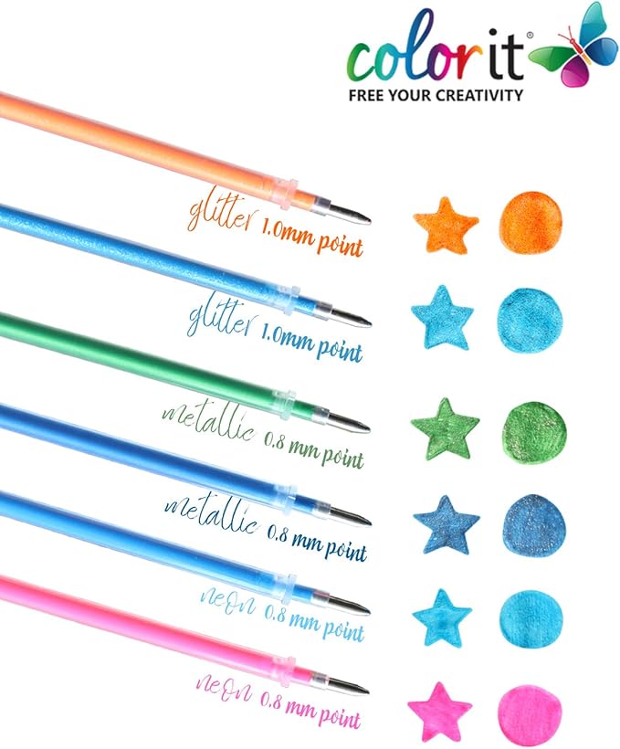 ColorIt 48 Gel Pen Ink Refills for Glitter, Metallic, and Neon - Color Coded for Easy Replacement (Gel)