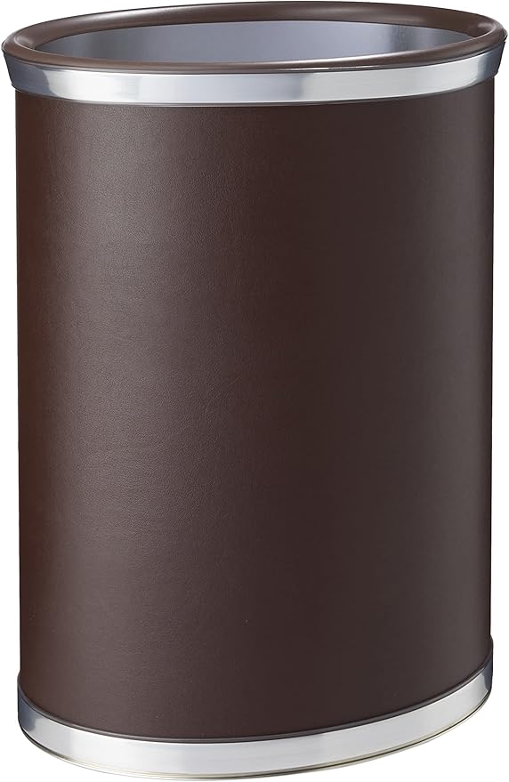 Kraftware Leatherette Wastebasket, 14", Brown with Brushed Chrome