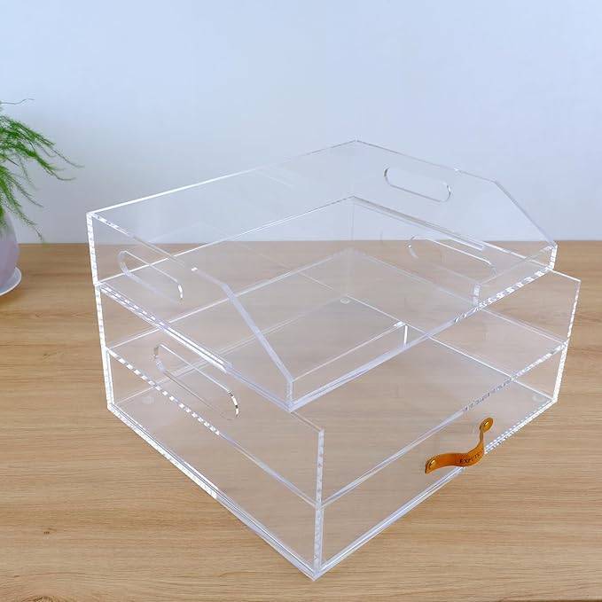 Acrylic Desk Organizer Drawer + Inbox with Letter Tray 12.6” x 10.6” x 5”, A4 Size, Clear
