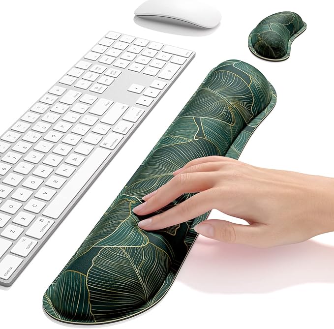 Dapesuom Enlarge Keyboard Wrist Rest, Memory Foam Wrist Cushion for Desk Mats Support, Cute Pain Relief Keyboard Mouse Pad Rests Set with Non-Slip Base for Gaming Laptop Office Computer, Green Leaf